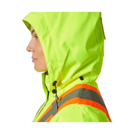 Neon yellow hooded hi-vis winter jacket with orange and silver reflective stripes