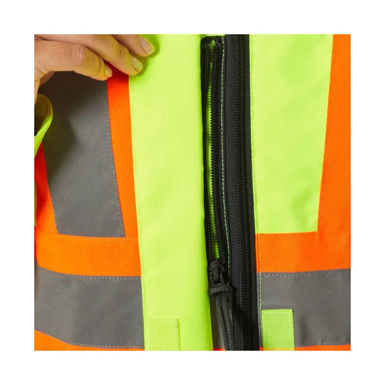 High-visibility jacket in neon yellow and orange with gray reflective panels and a black front zipper