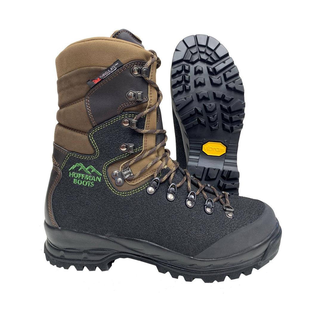 Brown and black insulated lace-up work boot with Vibram sole and lug tread