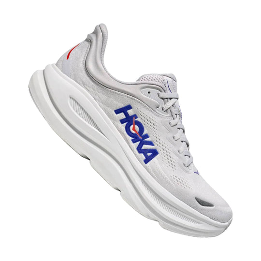 White running shoe with blue side lettering and red accents