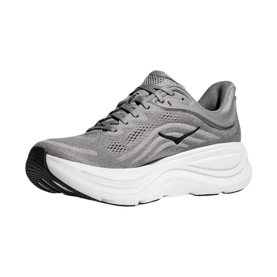 Gray athletic running shoe with thick white cushioned sole and black outsole