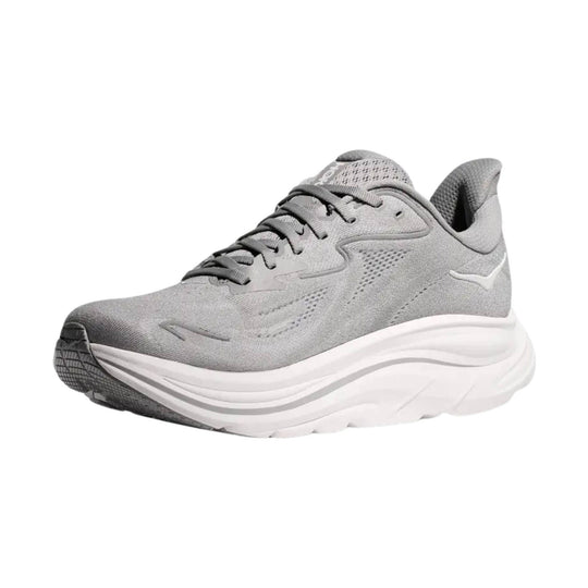 Gray athletic running shoe with dark laces and a thick white cushioned sole, shown in side view