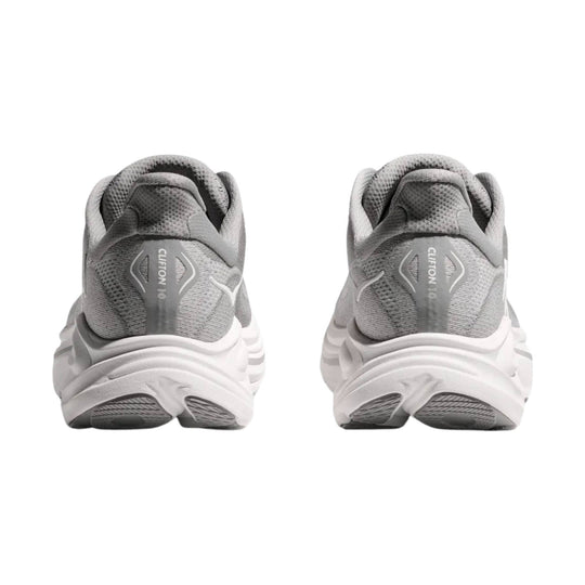 Pair of gray knit running shoes shown from the back with thick white midsoles and "CLIFTON 10" text on the heel