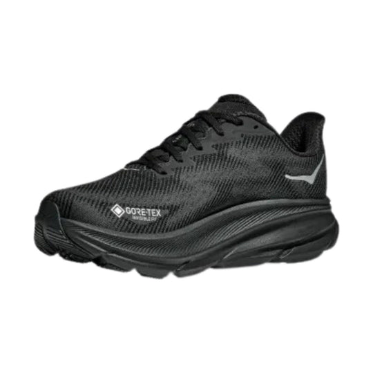 Black running shoe with Gore-Tex marking and thick cushioned sole