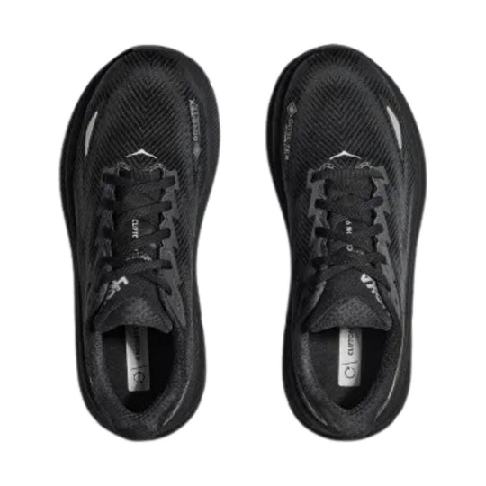 Pair of black running shoes seen from above, with textured uppers, laces, and GORE-TEX marking