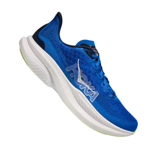 Blue running shoe with white sole and side logo
