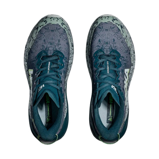 Pair of teal trail running shoes with speckled gray uppers, bungee laces, and visible HOKA branding