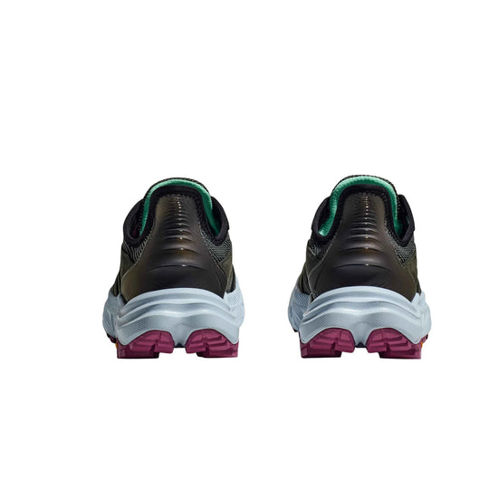 Pair of black and gray hiking shoes with magenta soles, shown from the heel.