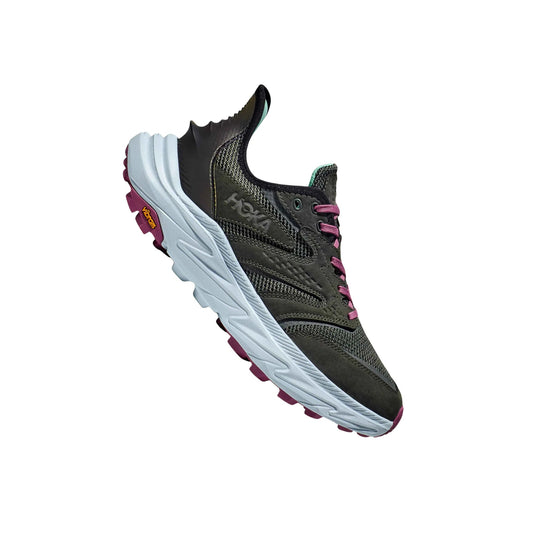 Black hiking shoe with light blue sole, magenta laces, and a small Vibram logo