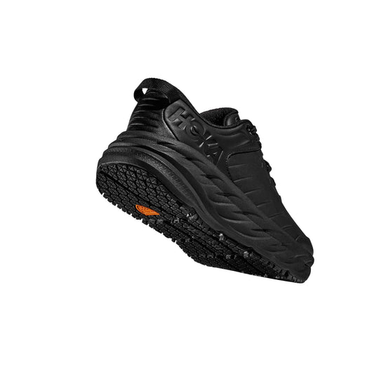 Black athletic shoe with chunky treaded sole and embossed side logo, angled side view