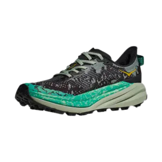 Low-cut trail running shoe in black and gray with a teal midsole and lugged outsole