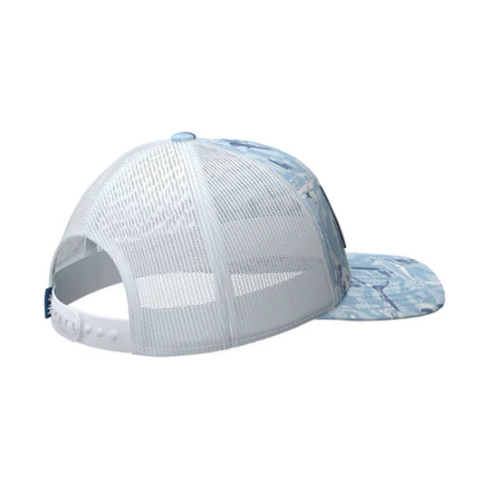 White mesh trucker hat with a light blue patterned bill, seen from the back and side