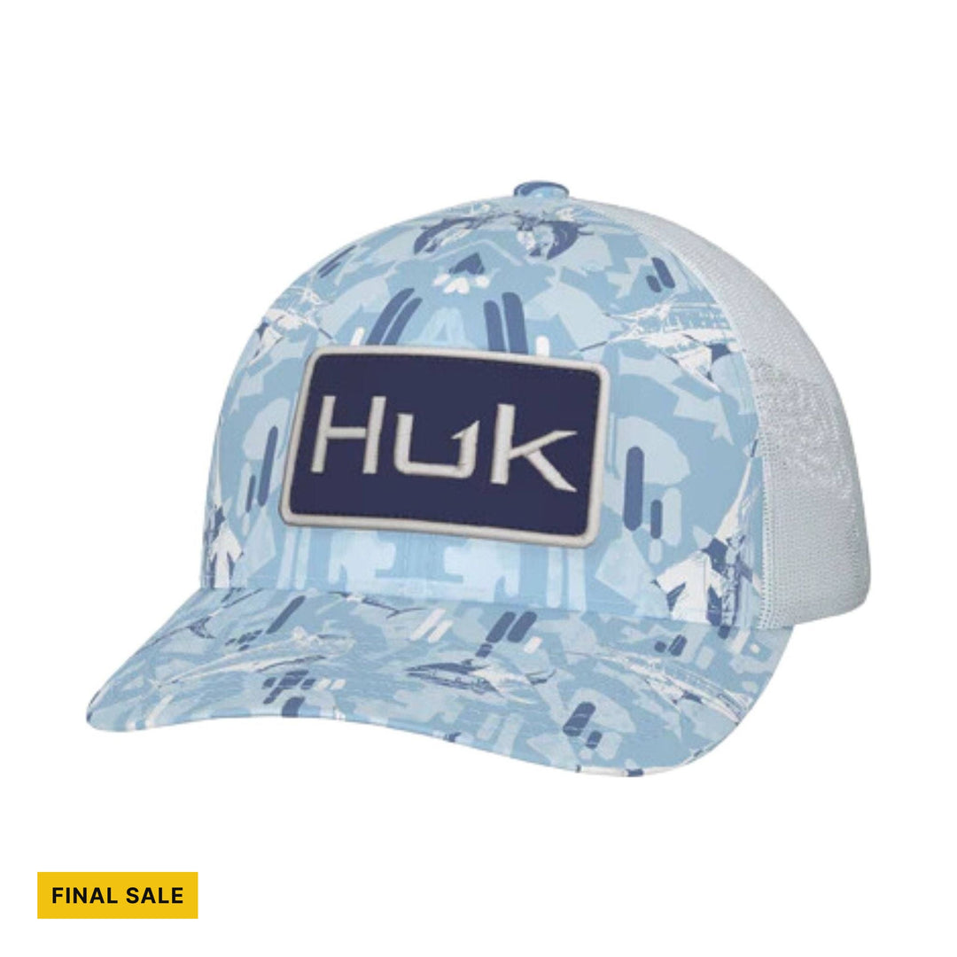Light blue camo trucker hat with a HUK logo patch and white mesh back