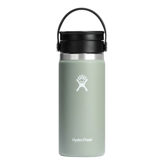 Matte sage green insulated water bottle with black handle lid and white Hydro Flask logo