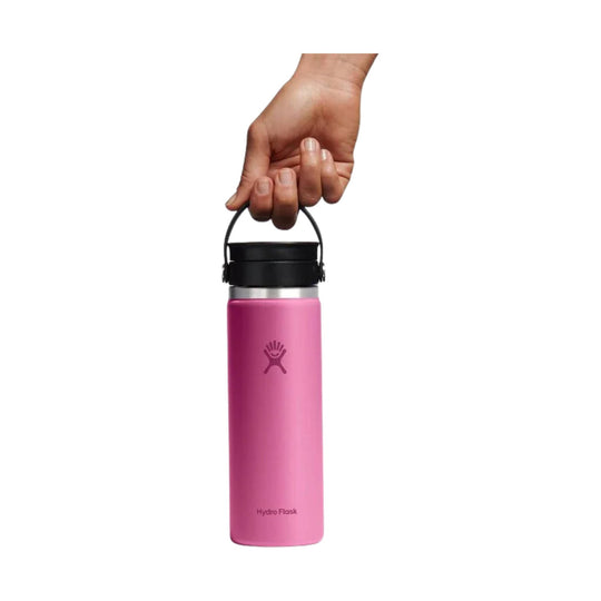 Pink insulated bottle with black lid and carry handle