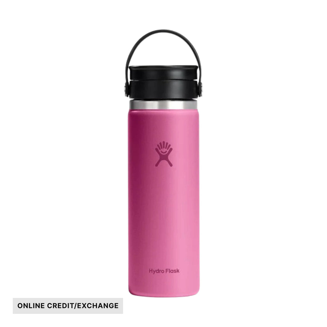 Pink insulated water bottle with a black handle lid and visible Hydro Flask logo.