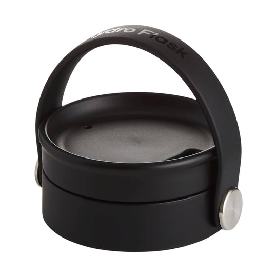Black insulated coffee flask with a loop handle and metal-accented lid, shown from a front angle