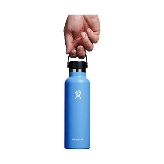 Blue insulated water bottle with black lid, carry handle, and Hydro Flask logo