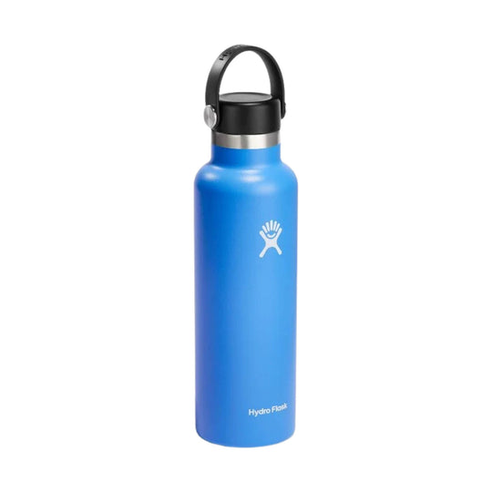 Blue insulated water bottle with black carry loop lid and white logo