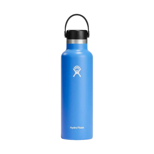 Blue stainless steel water bottle with black flip carry handle and white Hydro Flask logo
