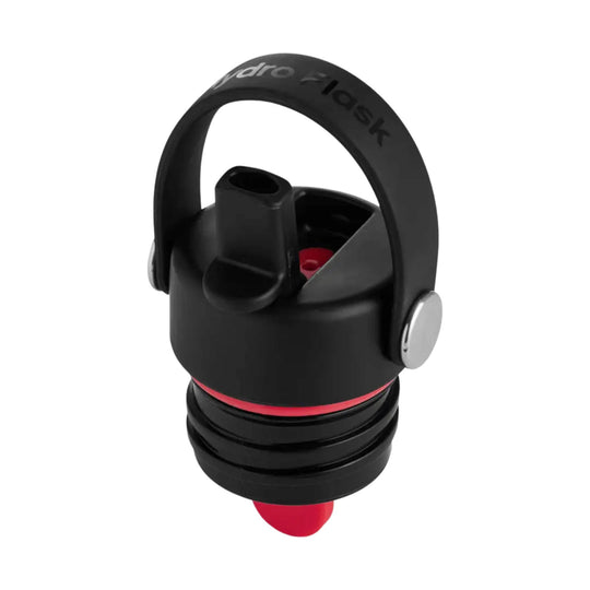 Black water bottle cap with flip straw lid and red accent ring