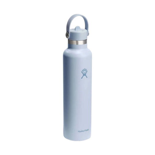 Light blue stainless steel water bottle with a flip-up carry loop and visible Hydro Flask logo