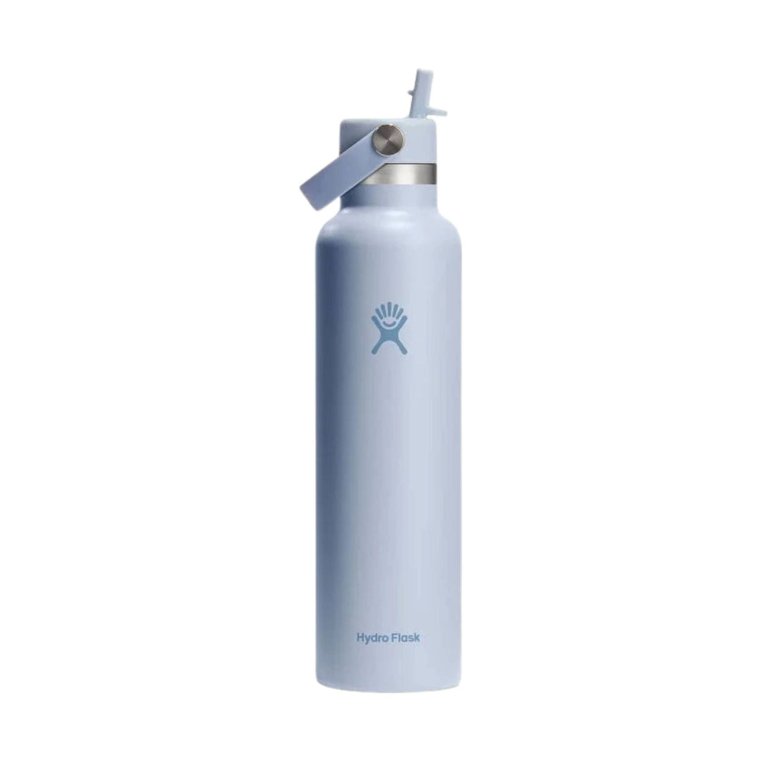 Light blue insulated water bottle with a straw lid, carry loop, and Hydro Flask logo