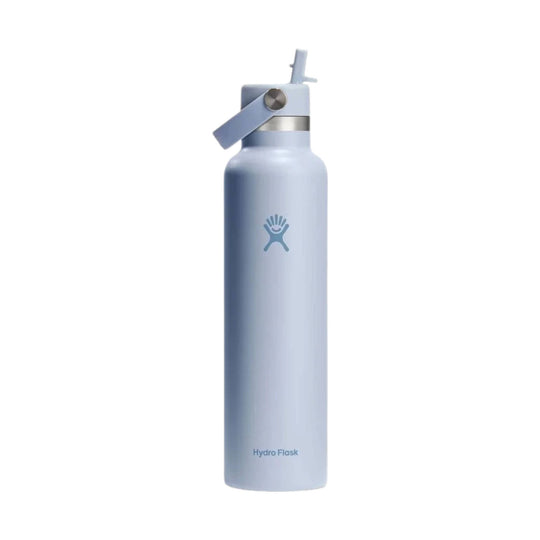 Light blue insulated water bottle with a straw lid, carry loop, and Hydro Flask logo