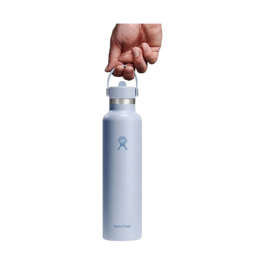 Light blue stainless steel water bottle with a strap handle and Hydro Flask logo