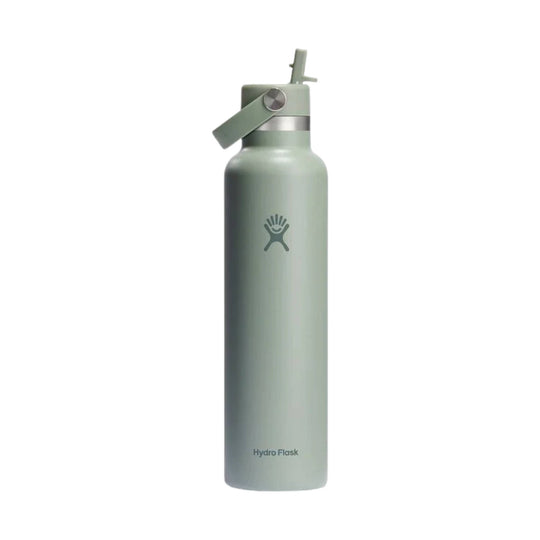 Light sage insulated water bottle with flip-up straw lid and carrying strap