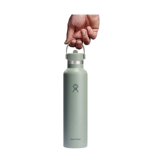 Pale green insulated water bottle with a carry handle and Hydro Flask logo