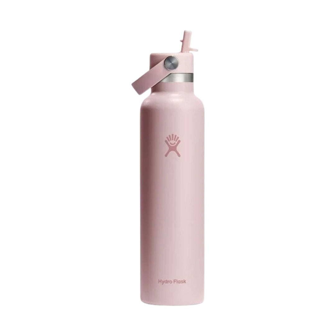 Pink insulated water bottle with a straw lid and loop strap, shown front view