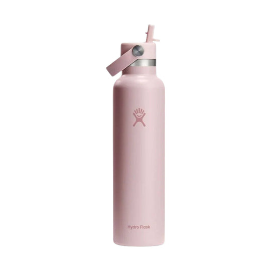 Pink insulated water bottle with a straw lid and loop strap, shown front view