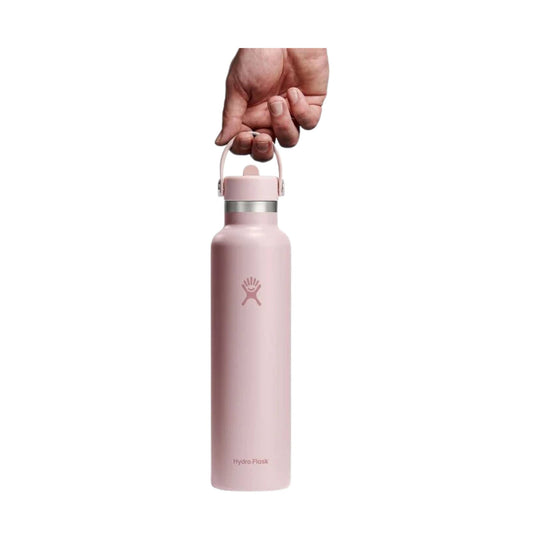 Pink stainless steel water bottle with a loop handle and straw lid