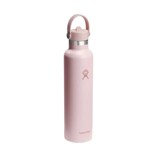 Pink insulated water bottle with a loop handle and screw-on straw lid