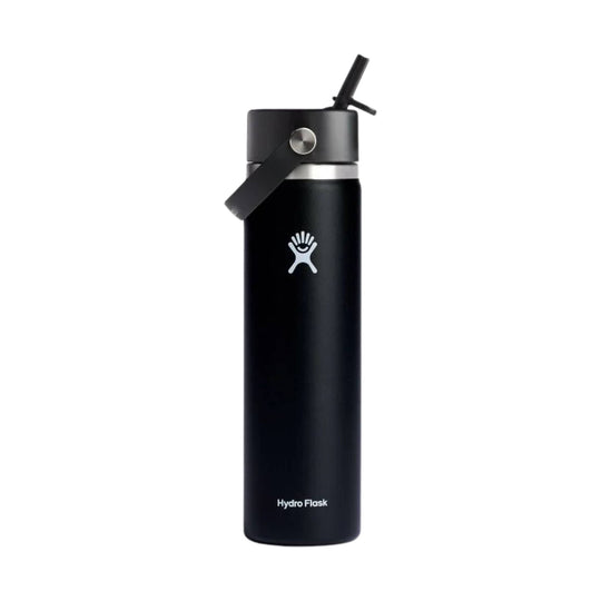 Black insulated water bottle with straw lid and carry strap
