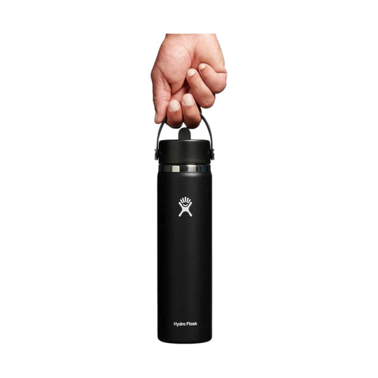 Black insulated water bottle with carry handle and visible Hydro Flask logo