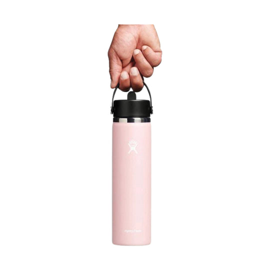 Pink stainless steel water bottle with black lid and carry handle
