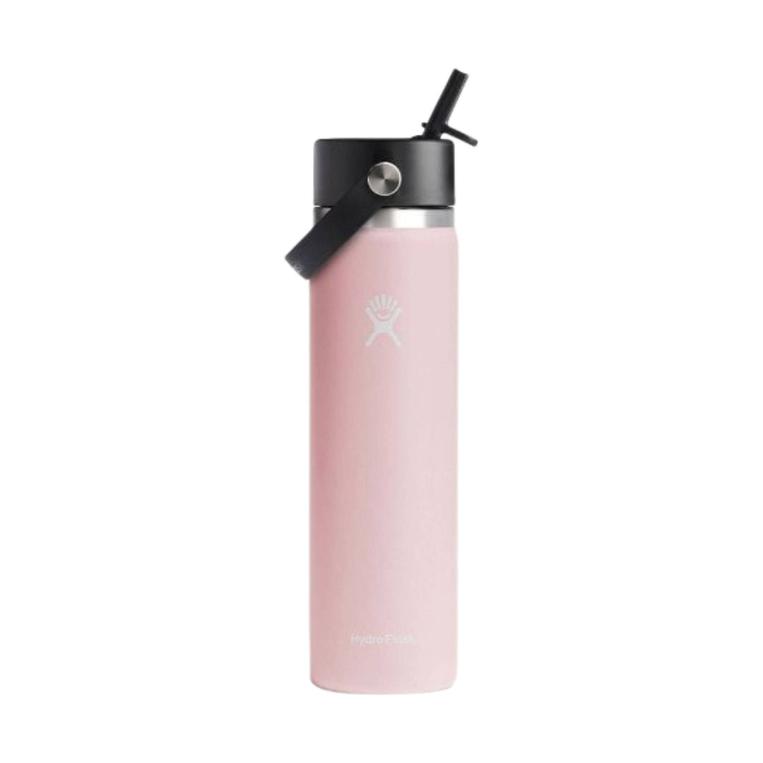 Pink insulated water bottle with black straw lid and carry strap