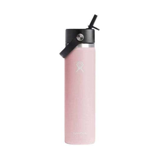 Pink insulated water bottle with black straw lid and carry strap