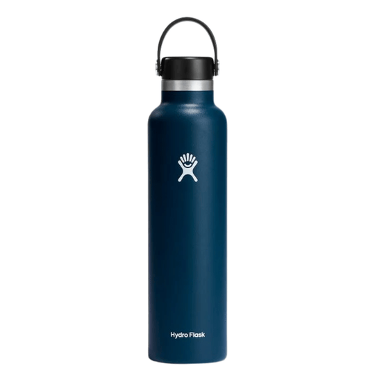 Navy insulated water bottle with black cap and carry loop, shown front view