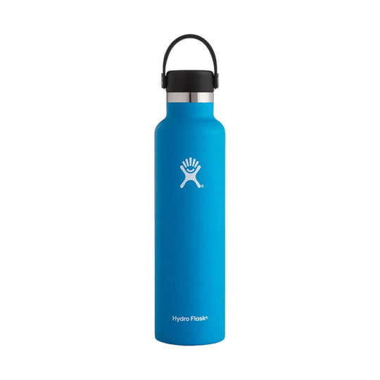 Blue stainless steel water bottle with a black lid and carry loop, showing a white Hydro Flask logo