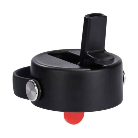 Black straw lid with flip-up spout and red straw tip