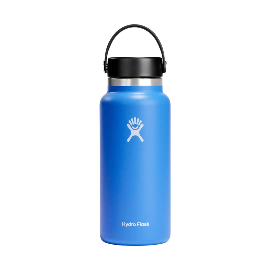 Blue insulated water bottle with black cap and carry loop