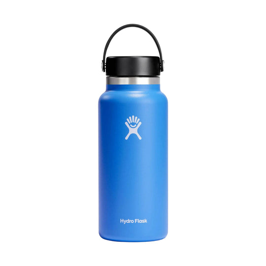 Blue insulated water bottle with black cap and carry loop