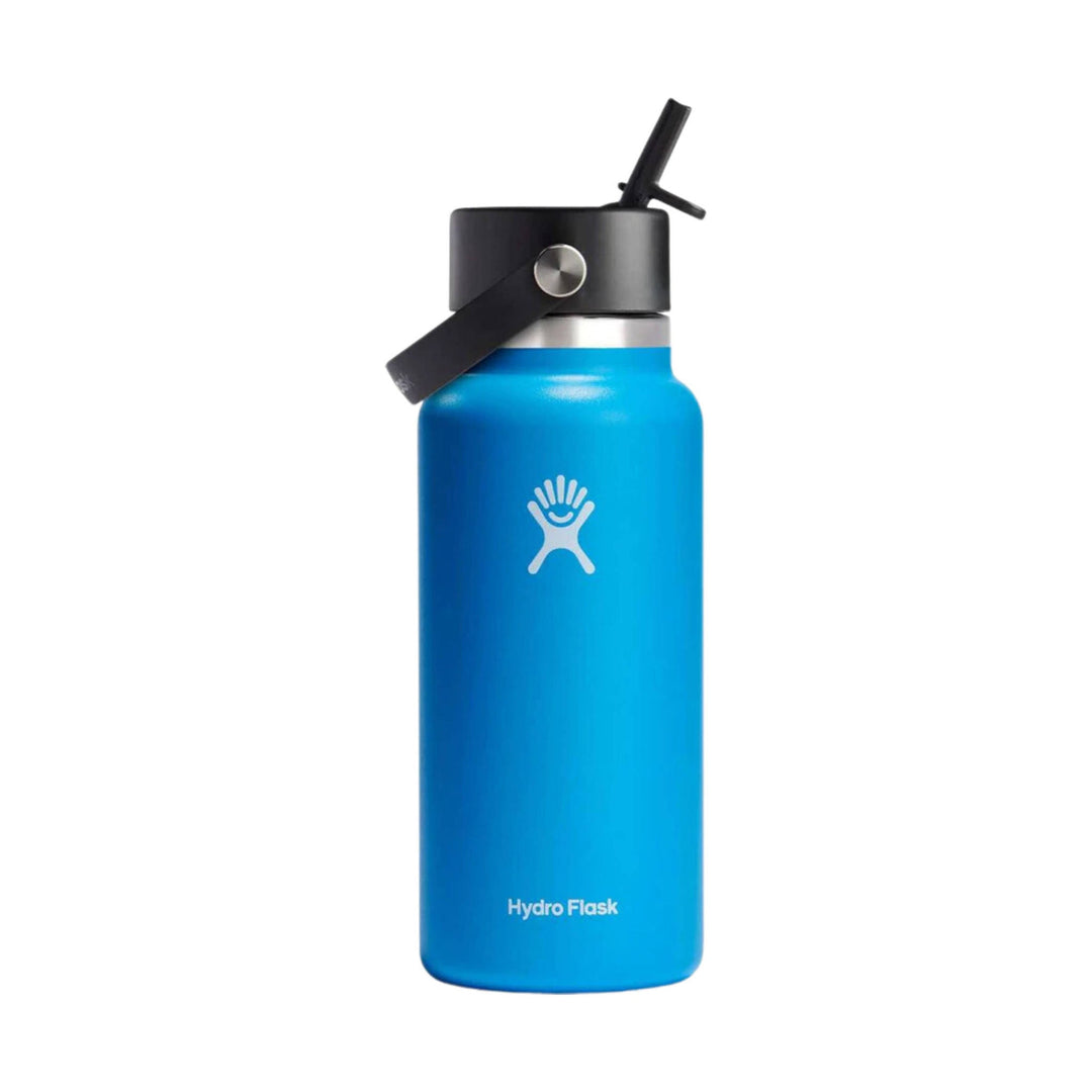 Blue insulated water bottle with black straw cap and visible Hydro Flask logo