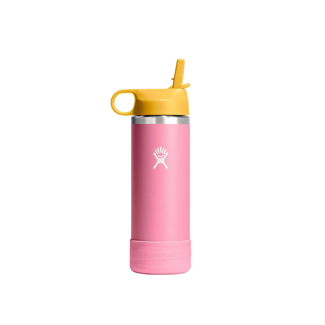 Pink insulated water bottle with yellow straw lid and side handle