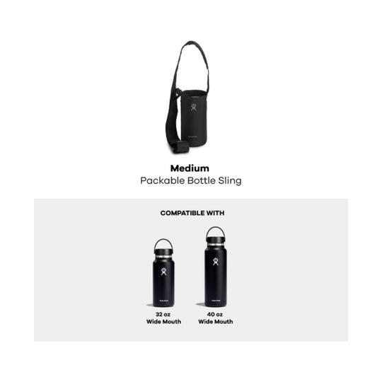 Black bottle sling bag shown with a shoulder strap, plus compatibility graphic for 32 oz and 40 oz wide-mouth bottles.
