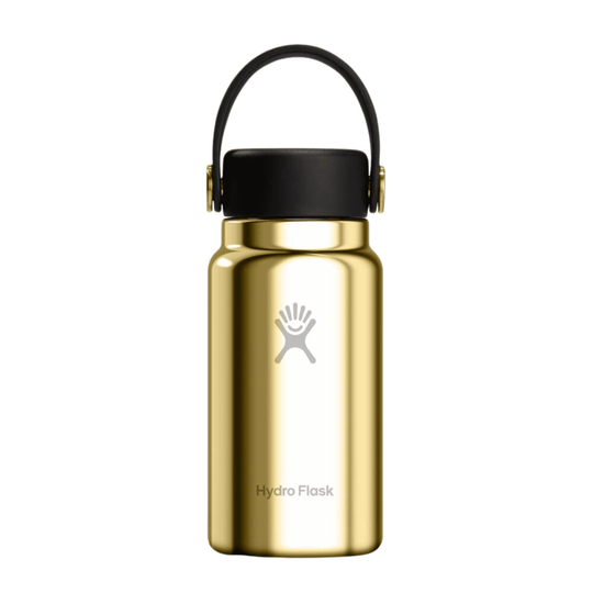 Gold insulated water bottle with black cap and carry loop