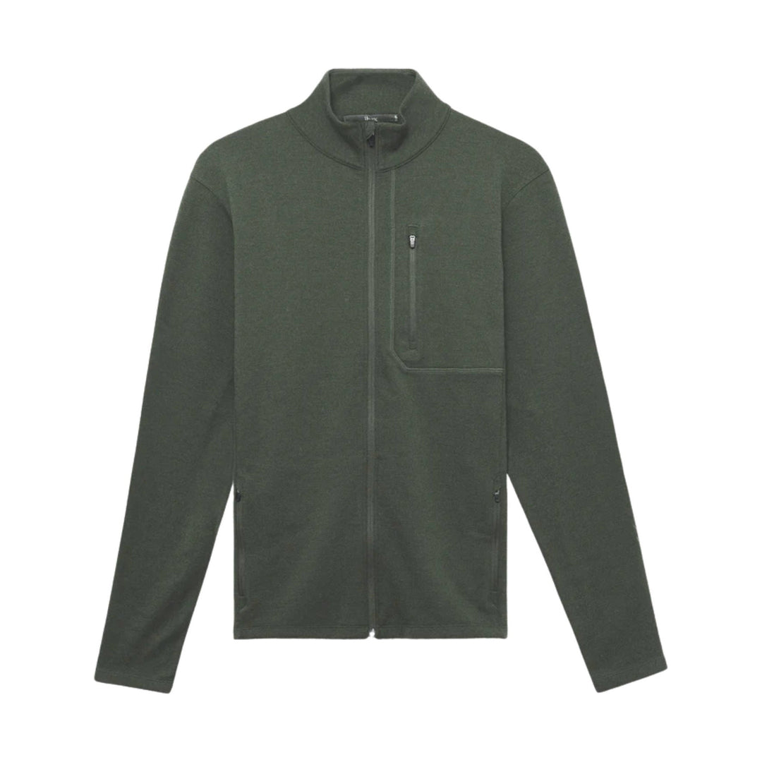 Dark olive full-zip fleece jacket with stand collar and chest zipper pocket